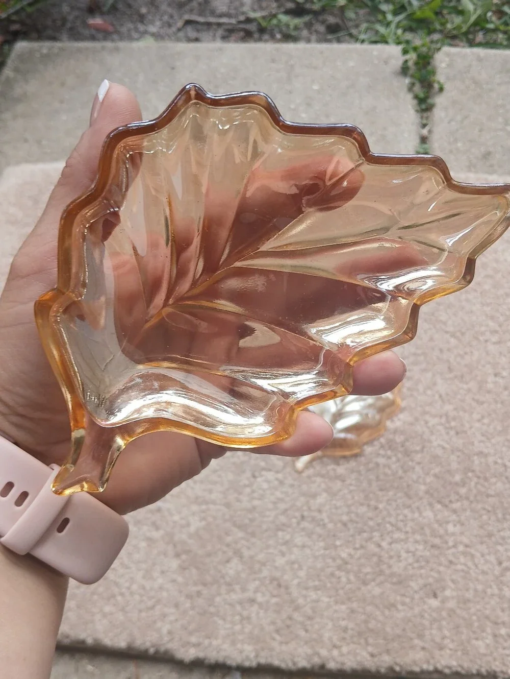 Set Of Two,, Vintage Jeanette Iridescent Marigold Carnival Glass Leaf Shape Dish